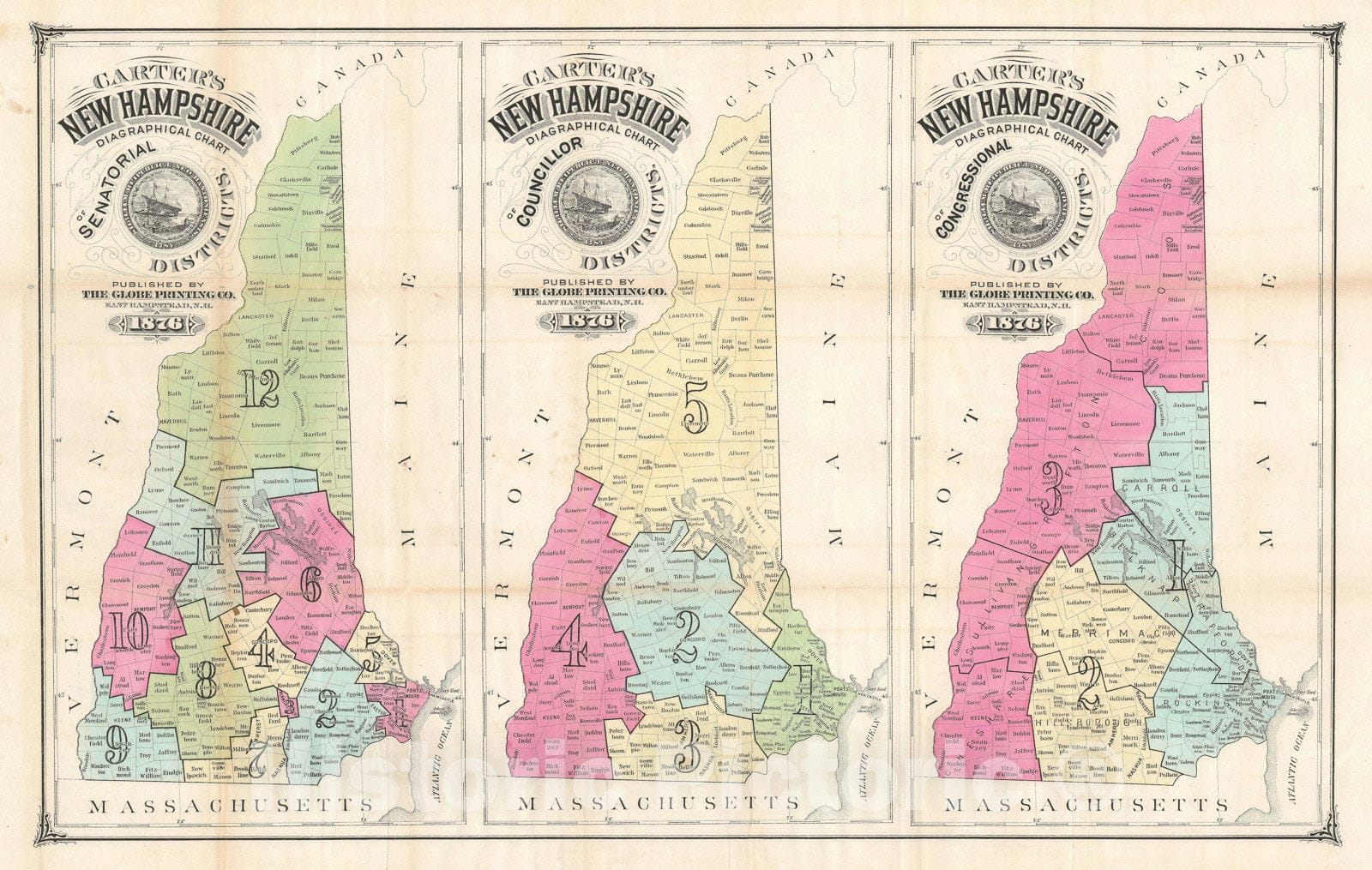 Historic Map : New Hampshire Election Districts, Carter, 1876, Vintage Wall Art