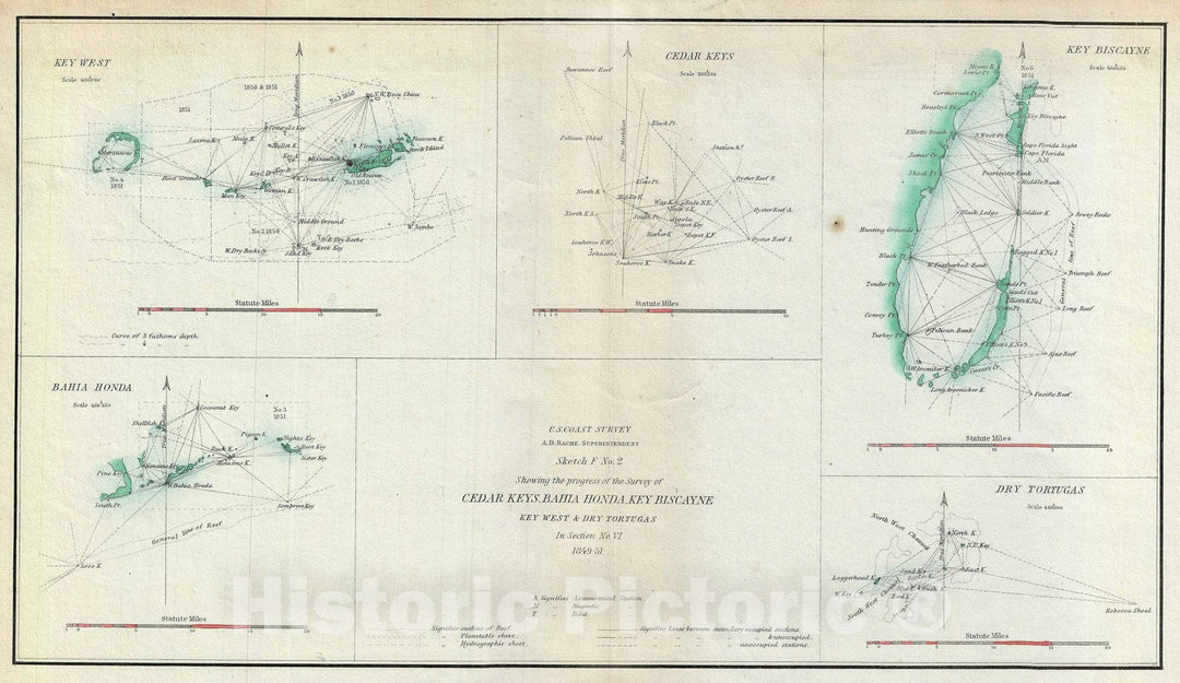 Historic Map : Key Biscayne, Key West, and The Cedar Keys, Florida, U. S. Coast Survey, 1851, Vintage Wall Art