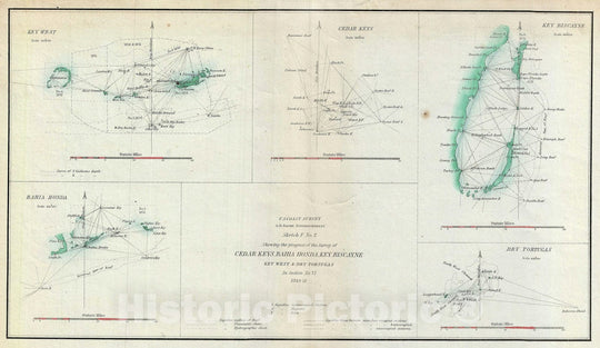 Historic Map : Key Biscayne, Key West, and The Cedar Keys, Florida, U. S. Coast Survey, 1851, Vintage Wall Art