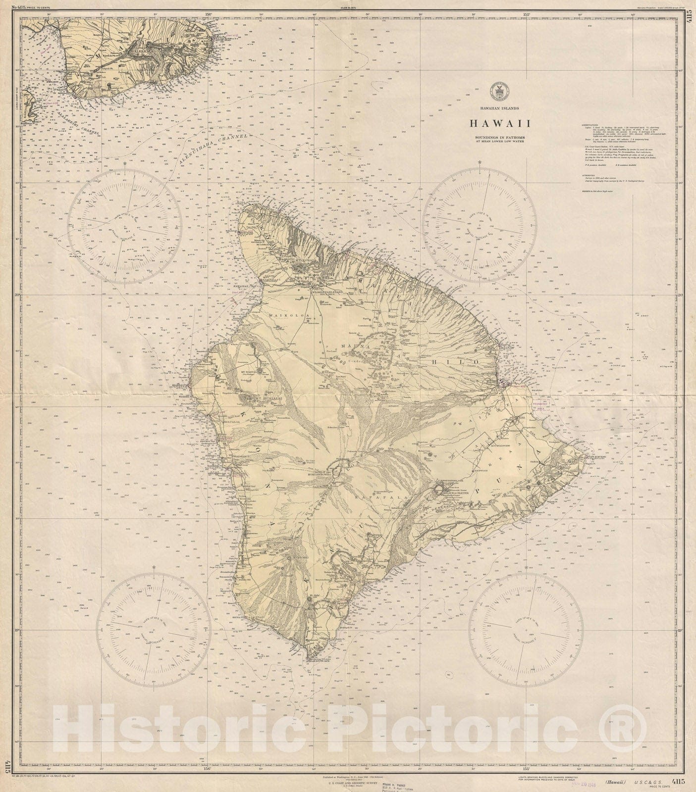Historic Map : Nautical Chart Hawaii, U.S. Coast Survey, 1948, Vintage Wall Art