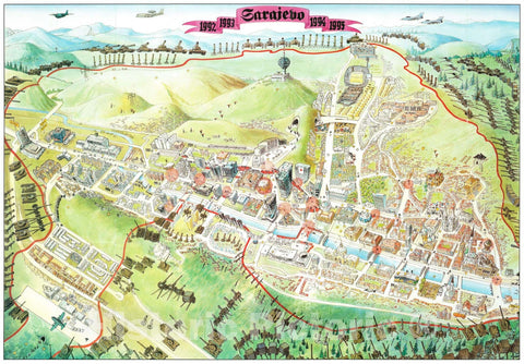 Historic Map : FAMA Pictorial Map of Sarajevo During The Siege of Sarajevo, 1996, Vintage Wall Art