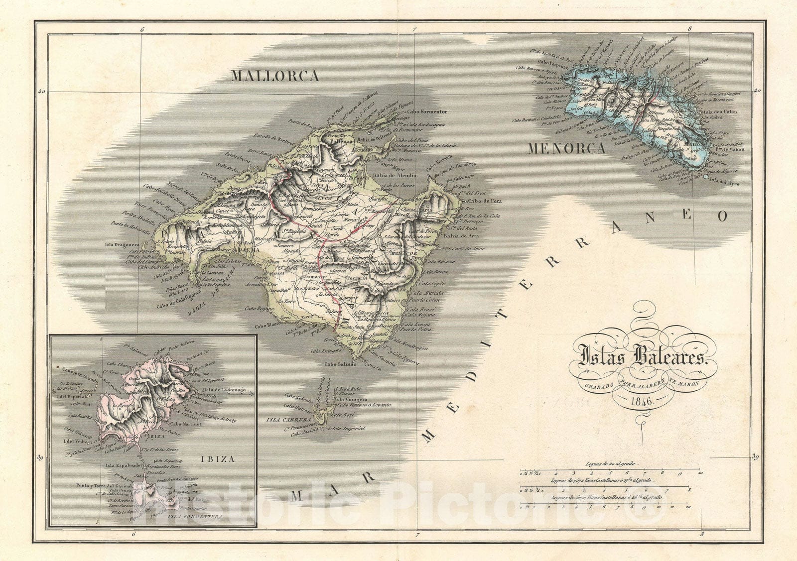 Historic Map : The Balearic Islands: Majorca, Minorca, and Ibiza, Alabern and Mabon, 1846, Vintage Wall Art