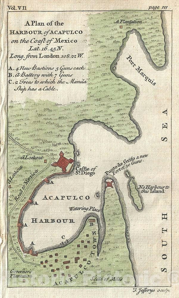 Historic Map : Acapulco, Mexico, Jefferys, 1756, Vintage Wall Art