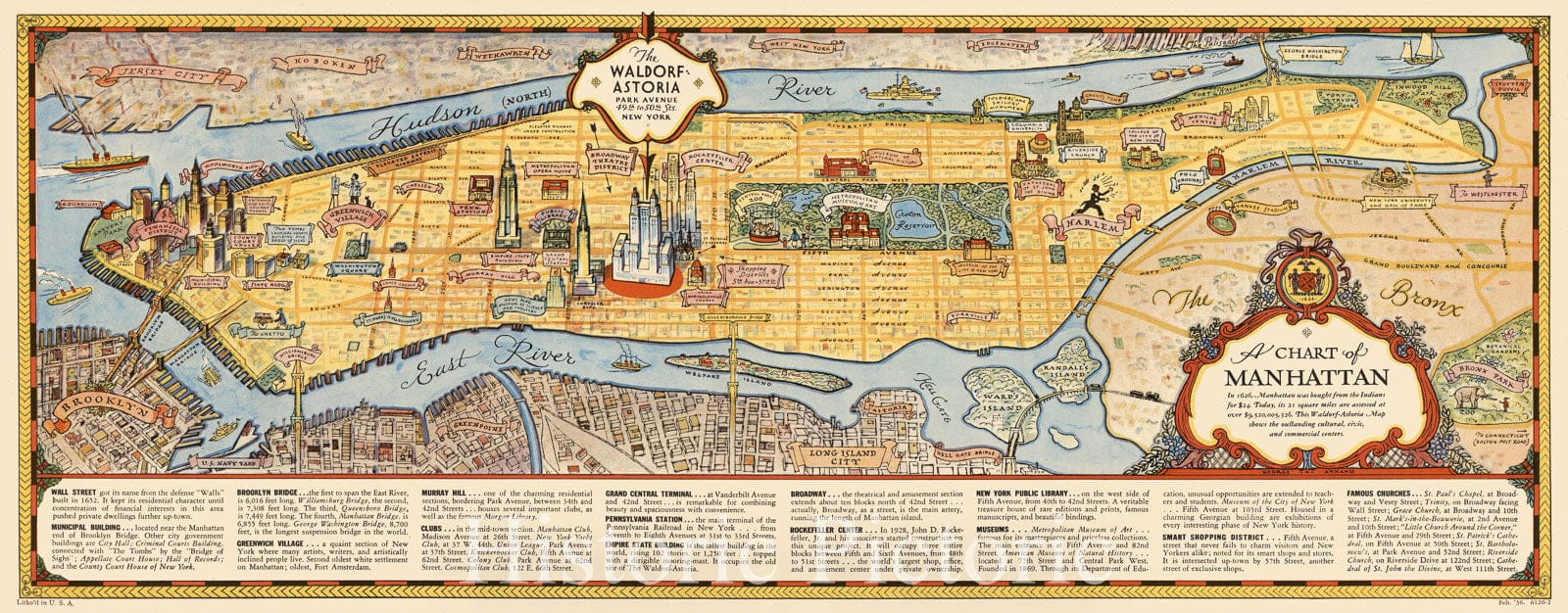 Historic Map : Pictorial map of Manhattan, New York City, Annand, 1936, Vintage Wall Art