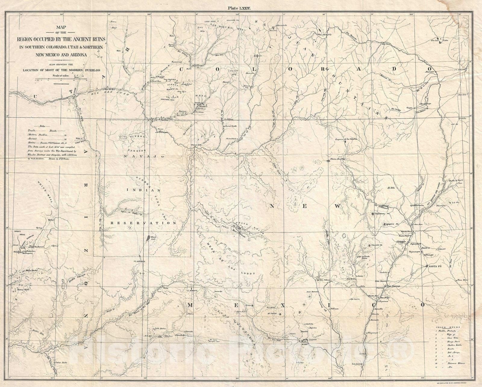 Historic Map : Ancient Native American Ruins in The American Southwest, Owen, 1876, Vintage Wall Art