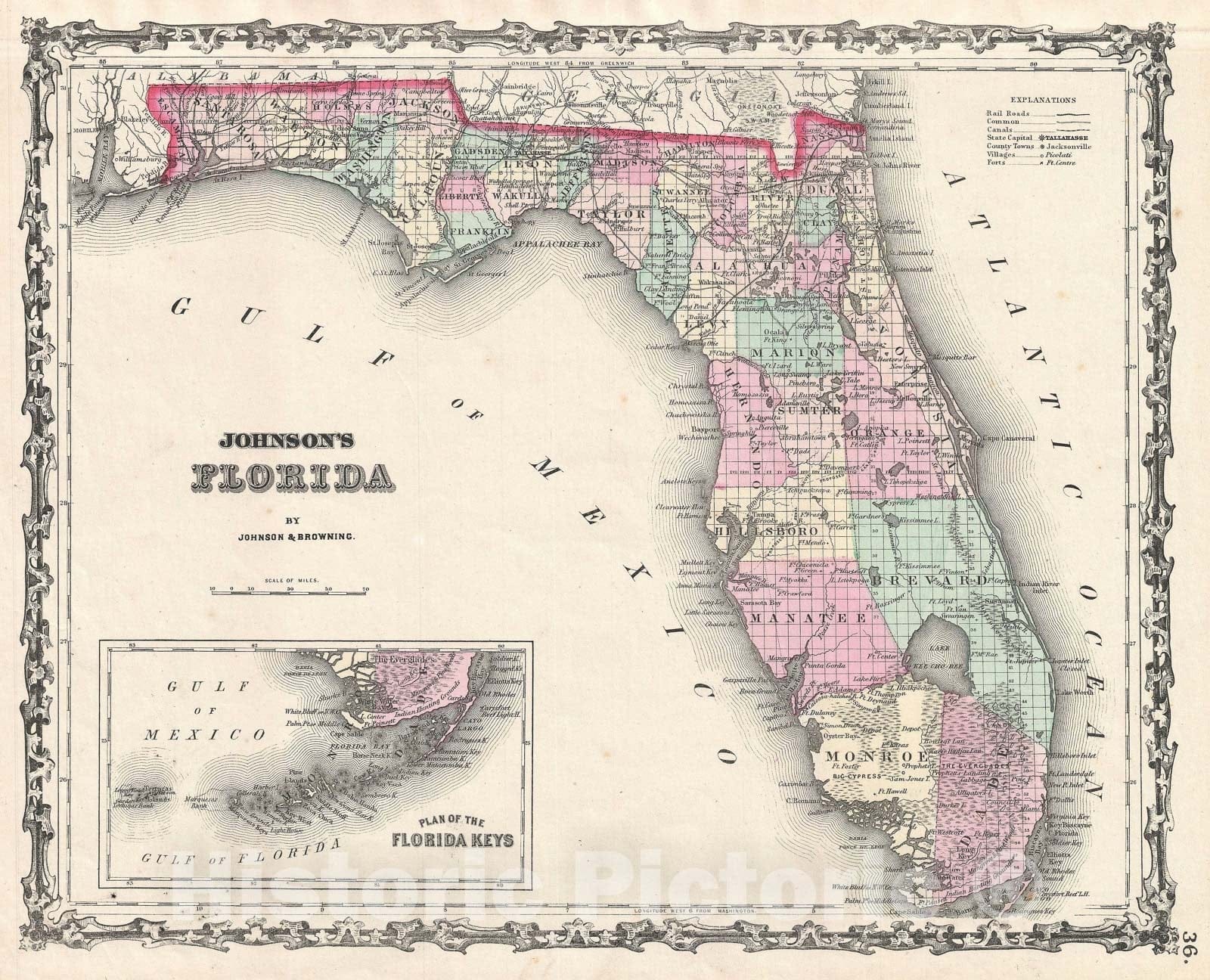 Historic Map : Florida, Johnson, 1861, Vintage Wall Art