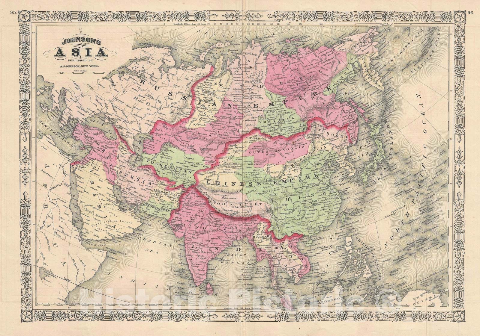 Historic Map : Asia, Johnson, 1867, Vintage Wall Art