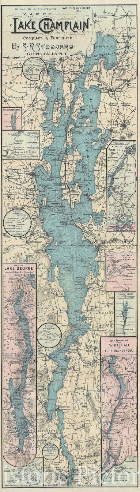 Historic Map : Lake Champlain, Stoddard Tourist, 1911, Vintage Wall Art