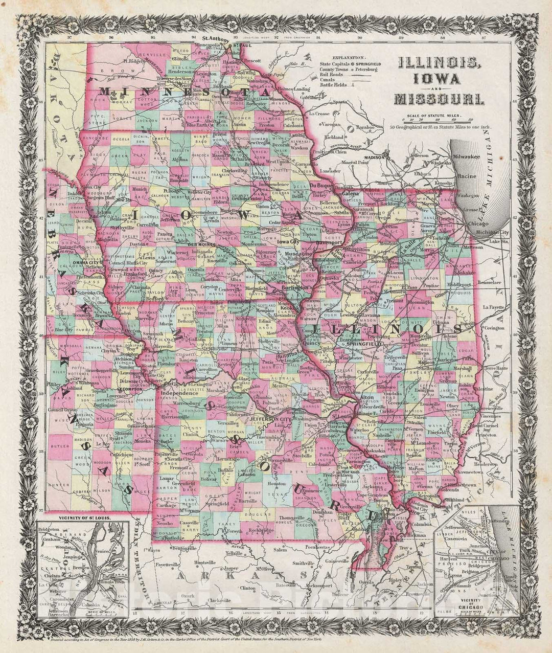 Historic Map : Illinois, Iowa amd Missouri, Colton, 1858, Vintage Wall Art