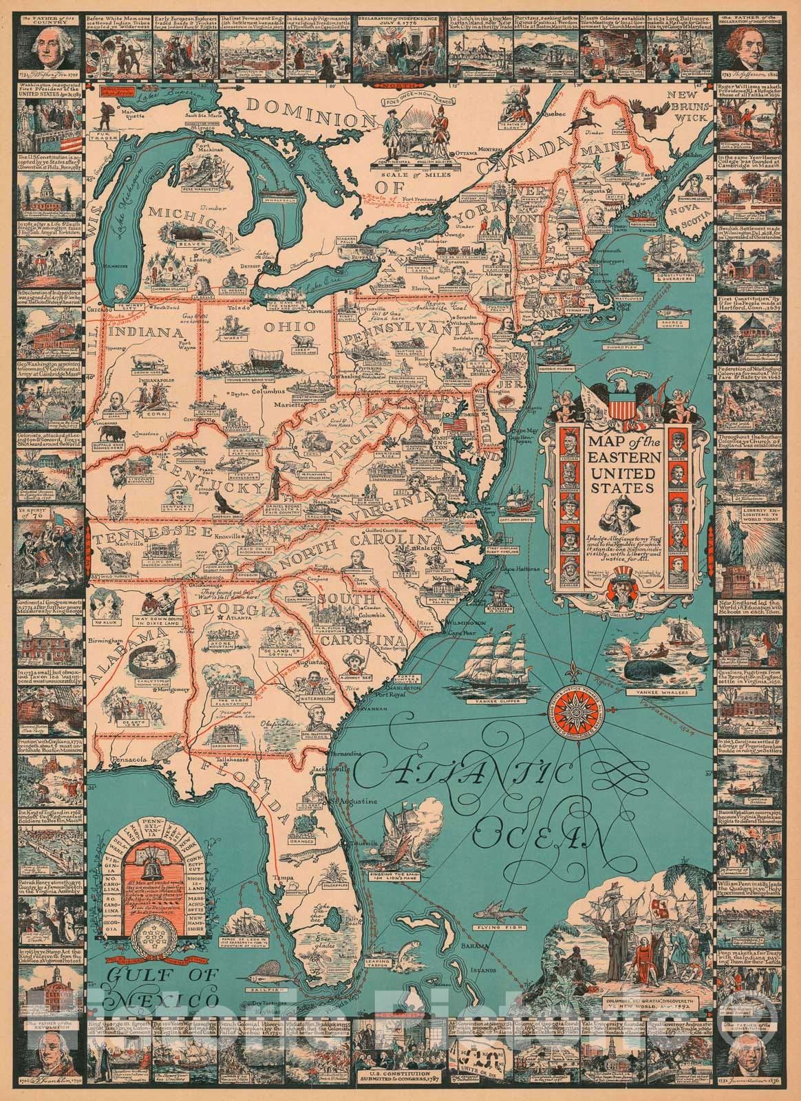 Historic Map : Tyng Pictorial Map of The Eastern United States, 1929, Vintage Wall Art