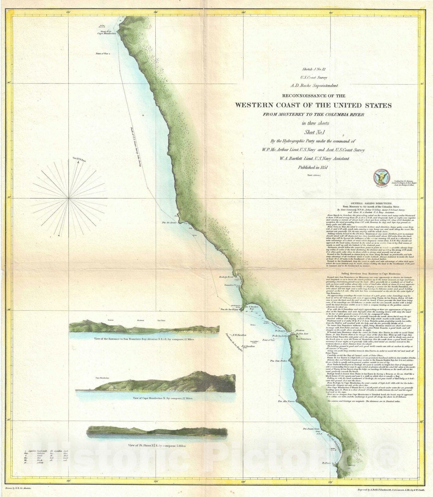 Historic Map : The Coast of California from Monterey Bay to Cape Mendocino, U.S. Coast Survey, 1851, Vintage Wall Art