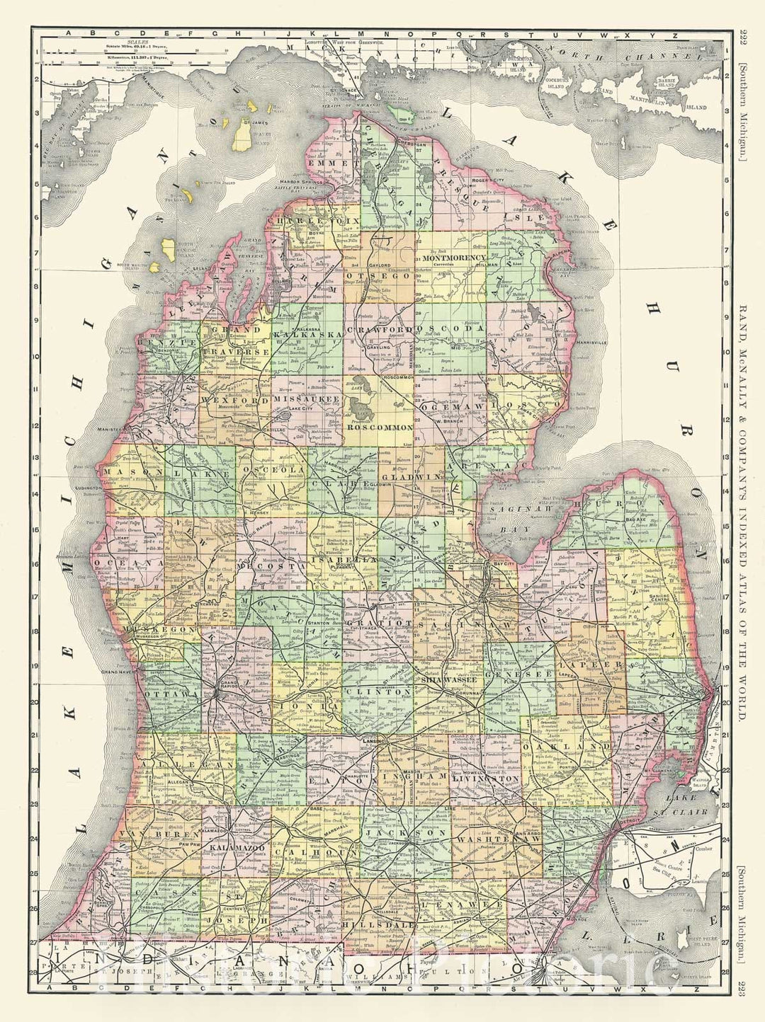 Historic Map : The Southern Michigan, Rand McNally, 1889, Vintage Wall Art