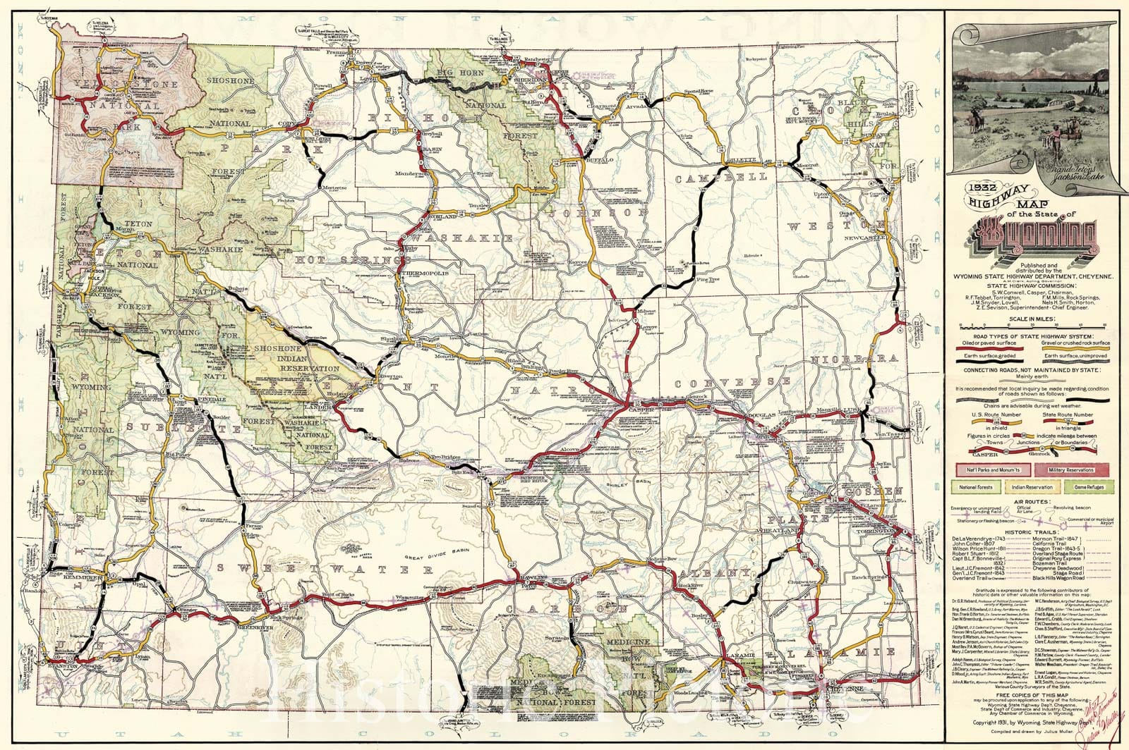 Historic Map : Wyoming and The State's Highways, Julius Muller, 1932, Vintage Wall Art