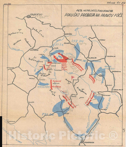 Historic Map : of The Fifth Enemy Offensive During World War II, Serbian Battle, 1950, Vintage Wall Art