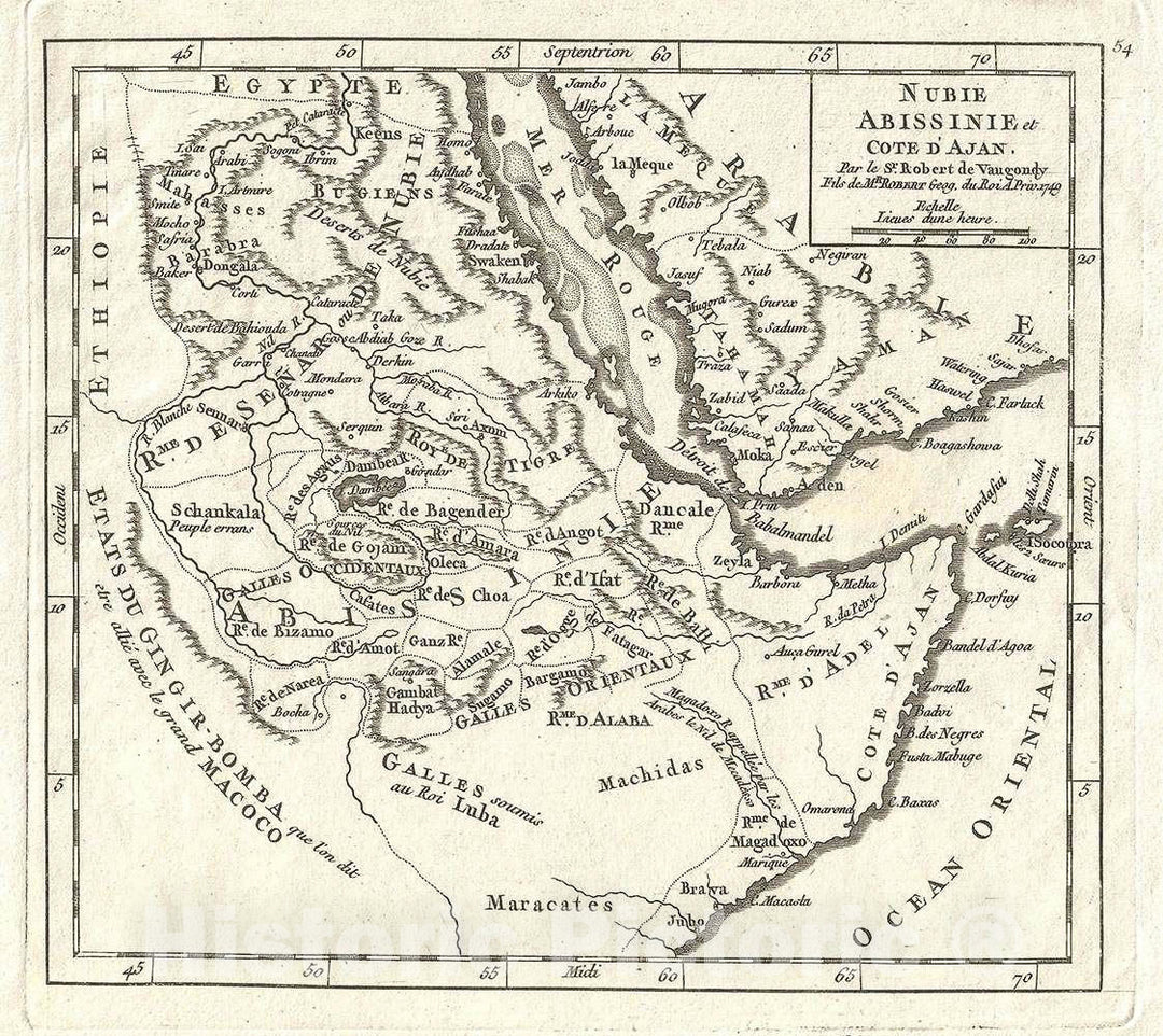 Historic Map : Abyssinia "Ethiopia", Sudan and The Red Sea, Vaugondy, 1749, Vintage Wall Art