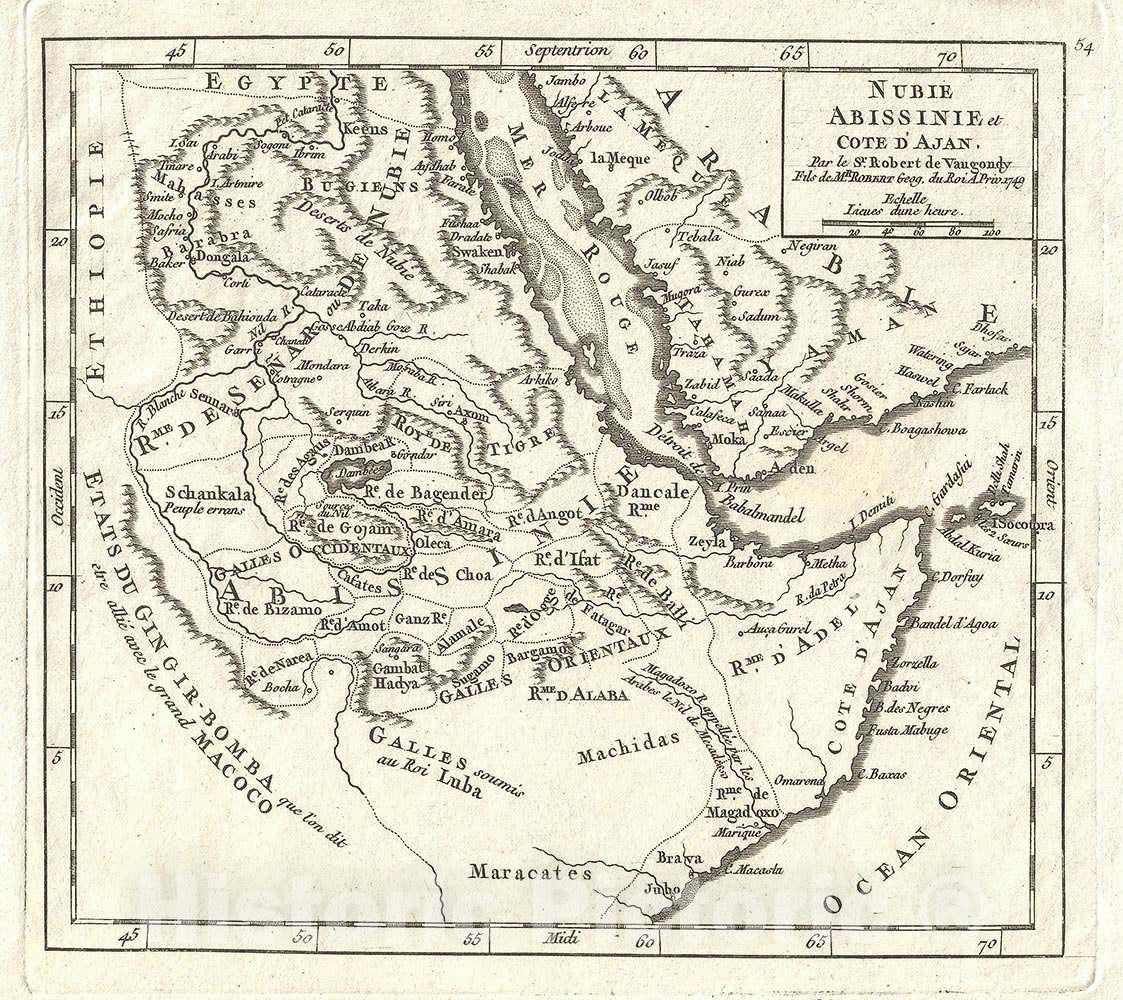 Historic Map : Abyssinia "Ethiopia", Sudan and The Red Sea, Vaugondy, 1749, Vintage Wall Art