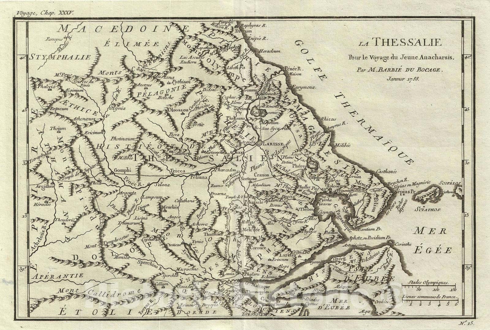 Historic Map : Thessaly, Ancient Greece " The home of Achilles", Bocage, 1788, Vintage Wall Art