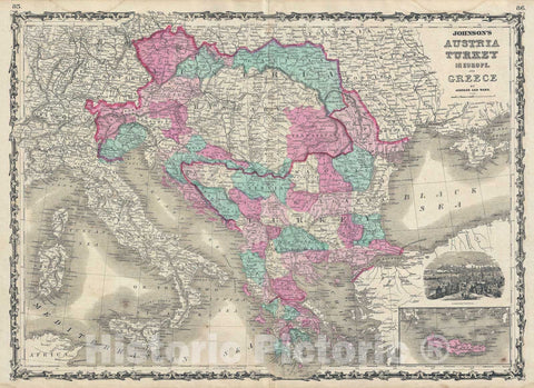 Historic Map : Austria, Turkey, and Greece, Johnson, 1863, Vintage Wall Art