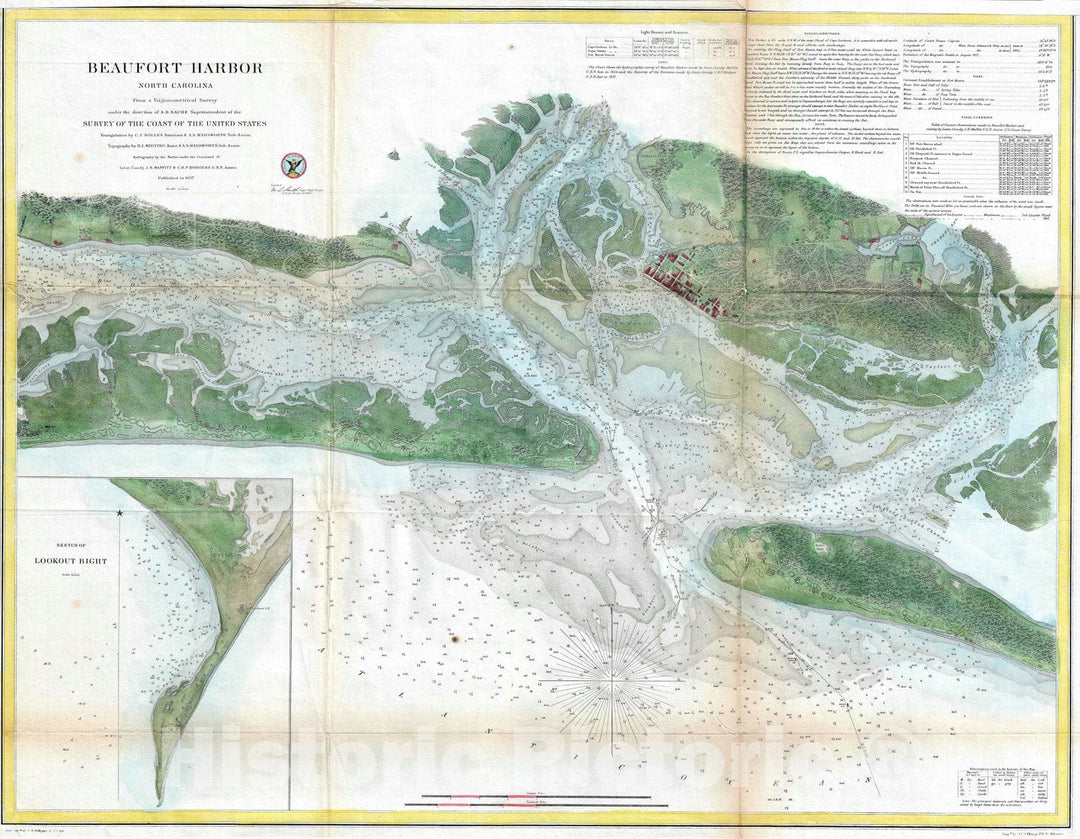 Historic Map : Nautical Chart Beaufort Harbor, North Carolina, U.S. Coast Survey, 1857, Vintage Wall Art