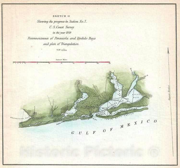 Historic Map : Northwest Florida Gulf Coast, U.S. Coast Survey, 1849, Vintage Wall Art