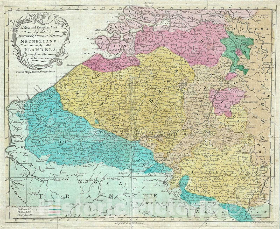 Historic Map : Flanders "Belgium, Holland and Luxemburg", Seale, 1760, Vintage Wall Art
