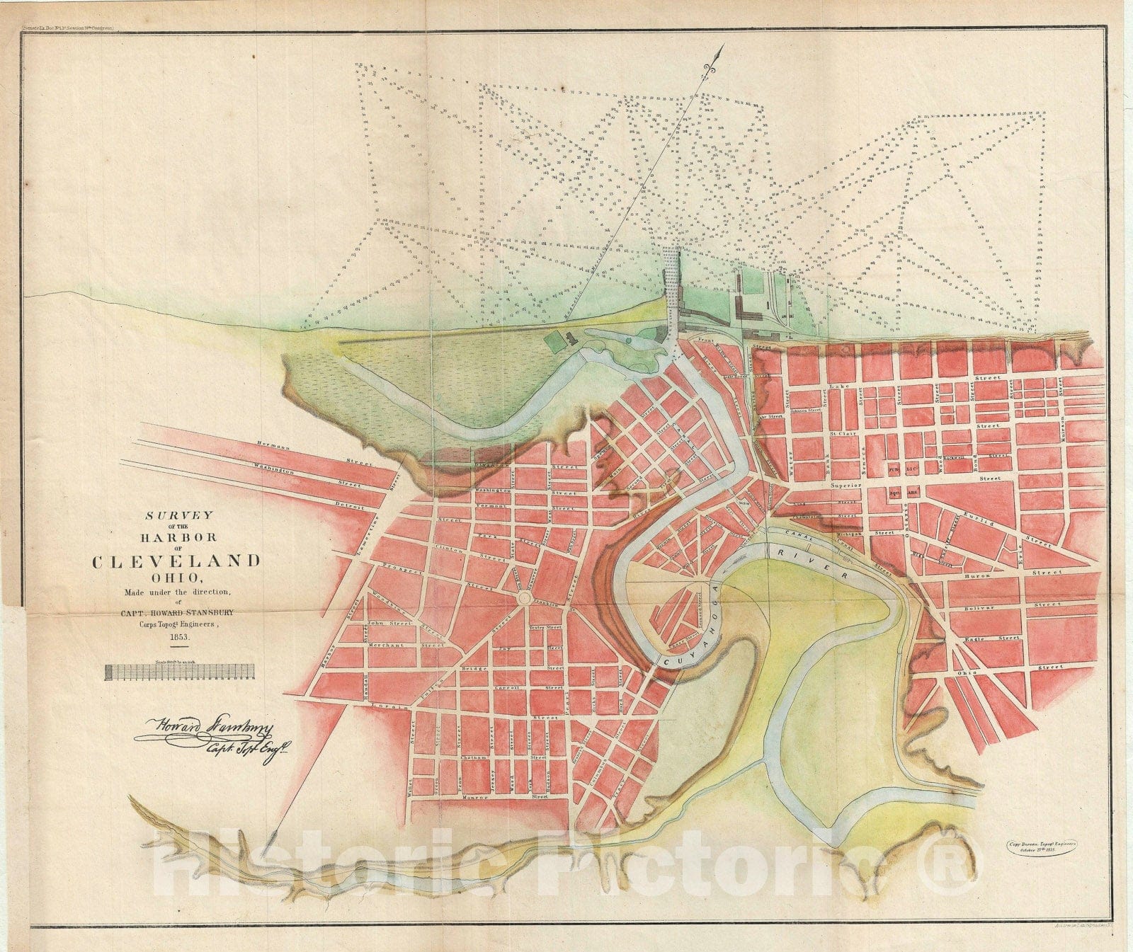 Historic Map : The Cleveland harbor, Ohio., Topographical, 1853, Vintage Wall Art