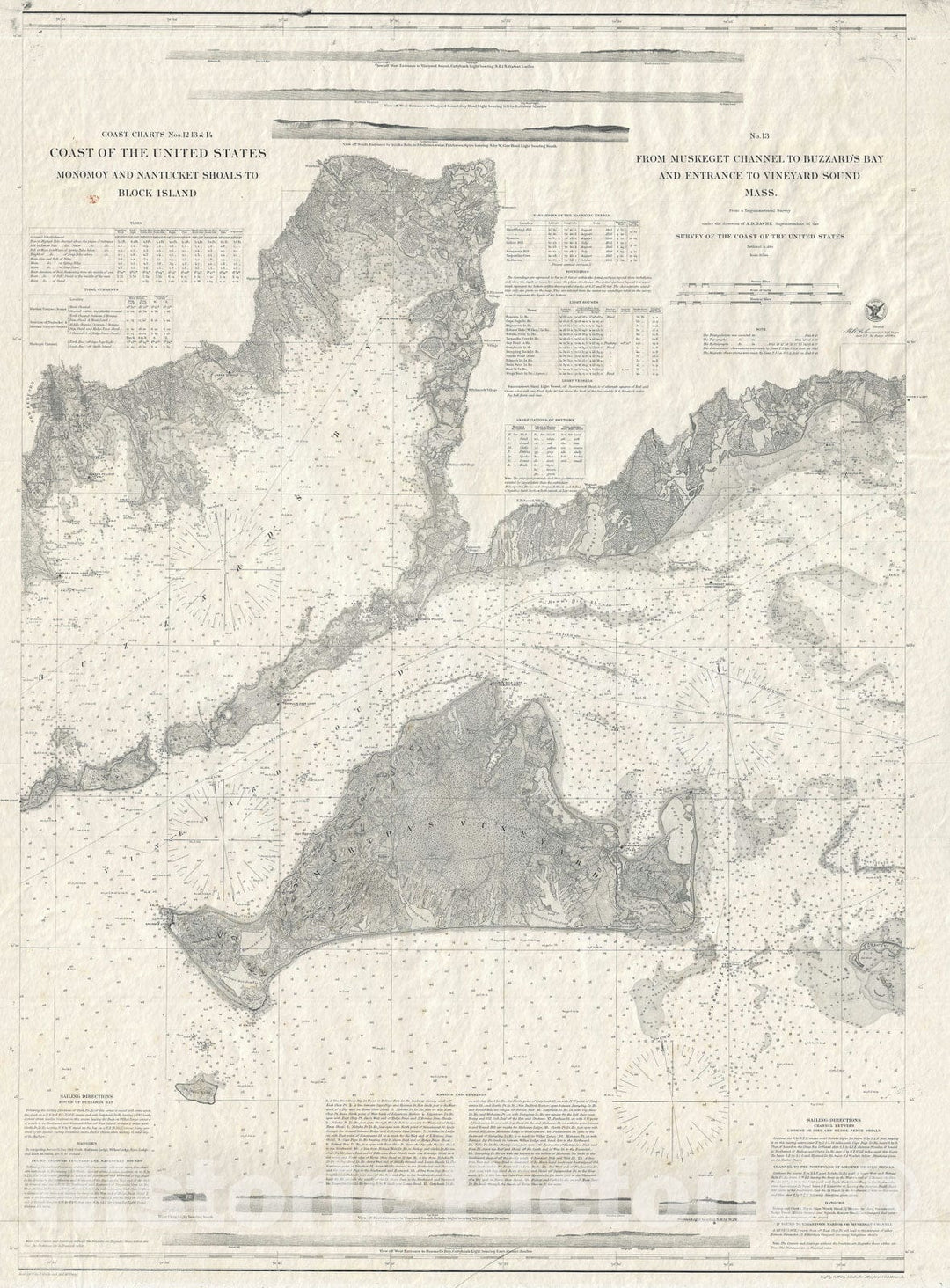 Historic Map : Nautical Chart Martha's Vineyard and Buzzard Bay, U.S. Coast Survey, 1860, Vintage Wall Art