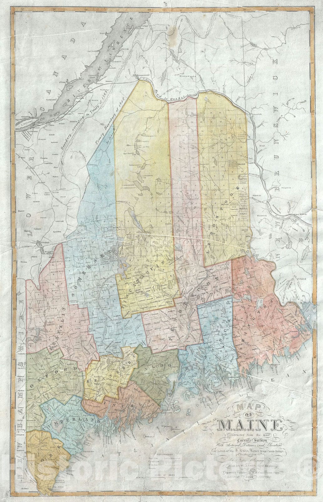 Historic Map : Maine "Post 1842 Webster Ashburton Treaty", Anson, 1843, Vintage Wall Art