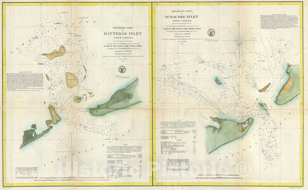 Historic Map : Hatteras Inlet and Ocracoke Inlet, North Carolina, U.S. Coast Survey, 1857, Vintage Wall Art