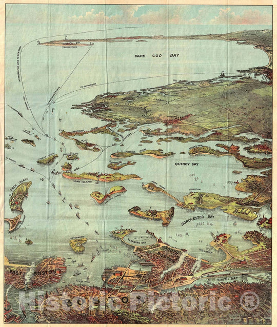 Historic Map : Boston Harbor from Boston to Cape Cod and Provincetown, View, 1890, Vintage Wall Art