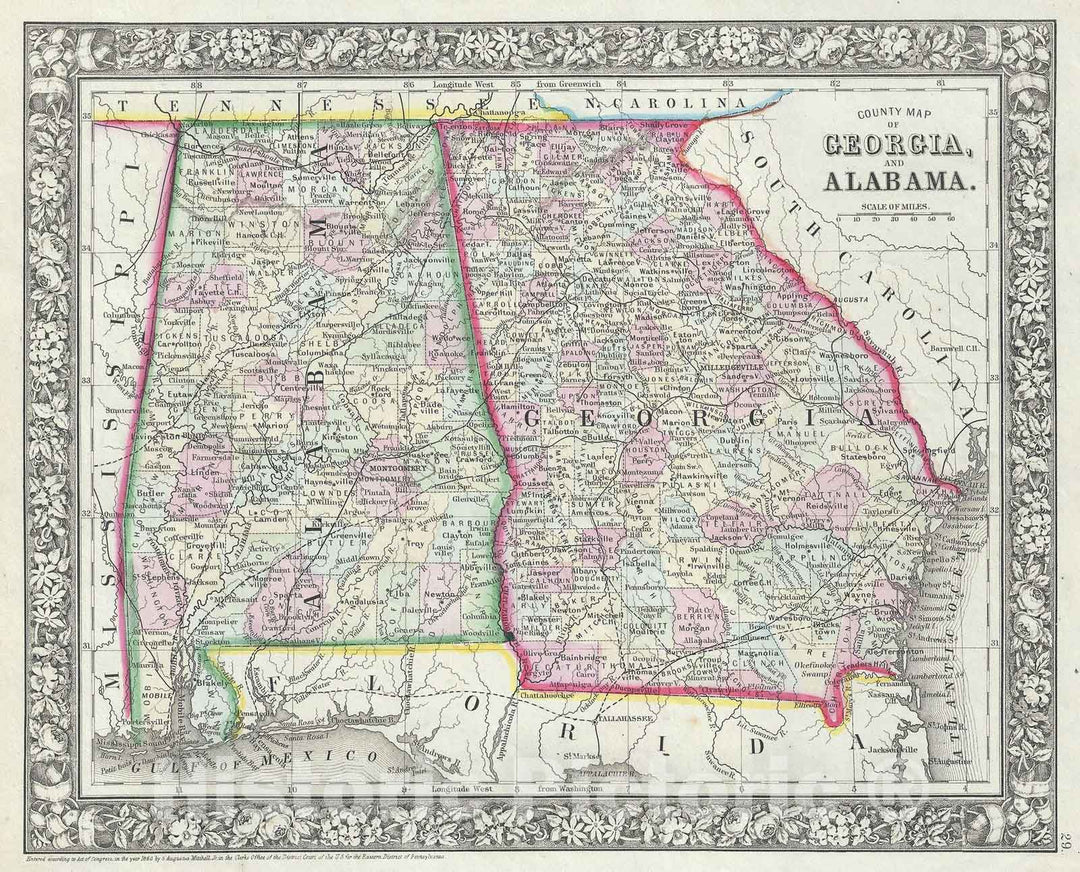 Historic Map : Georgia and Alabama, Mitchell, 1866, Vintage Wall Art