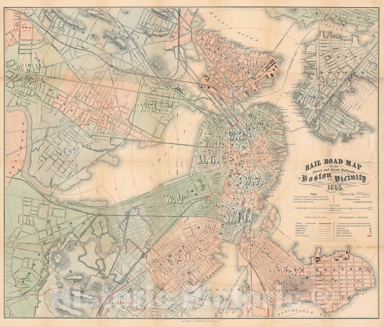 Historic Map : Boston, Massachusetts and its Vicinity, Chase Railroad, 1865, Vintage Wall Art