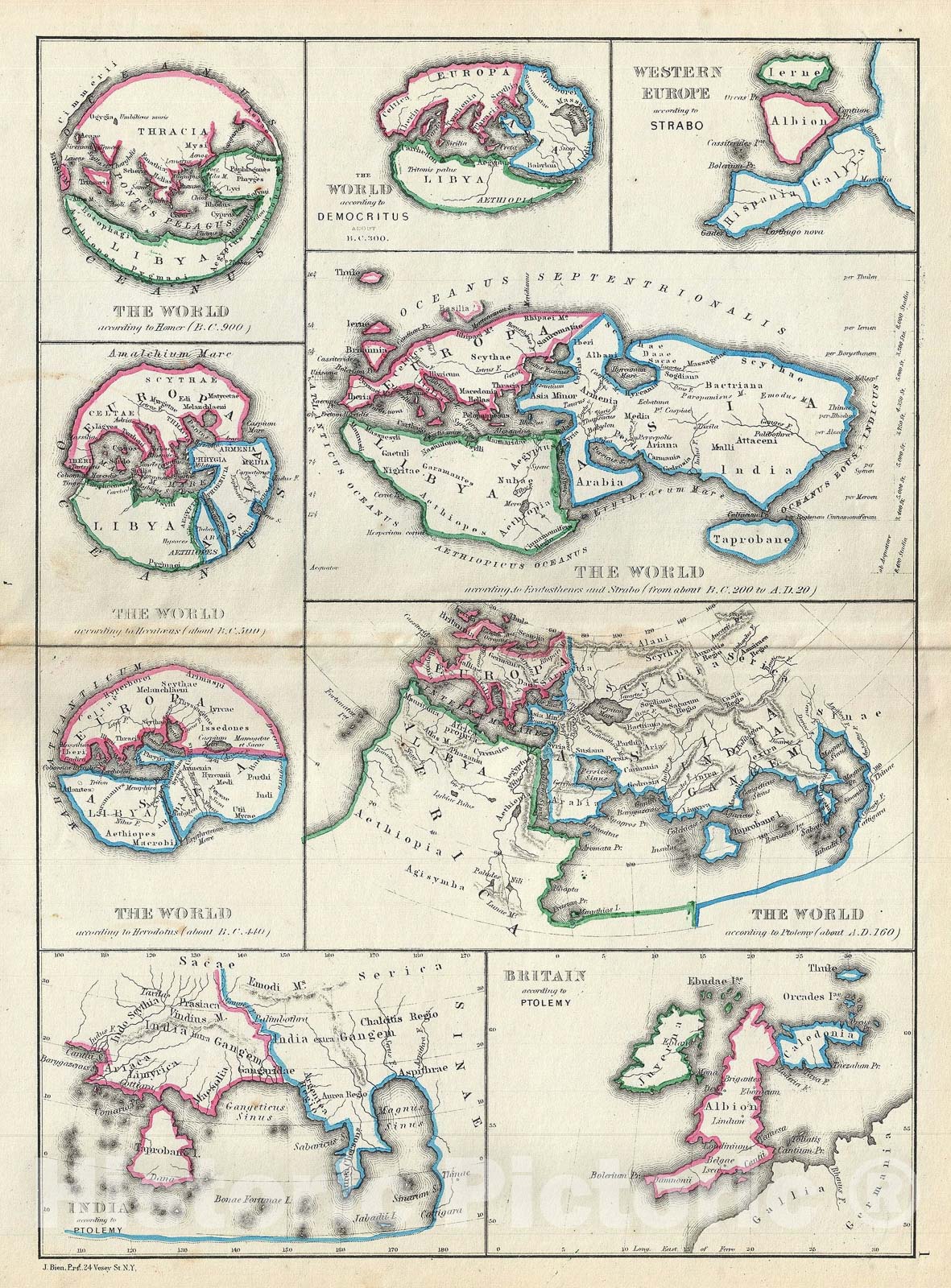 Historic Map : The Ancients "Ptolemy, Srabo, Homer, Herodotus, etc.", Hughes, 1867, Vintage Wall Art