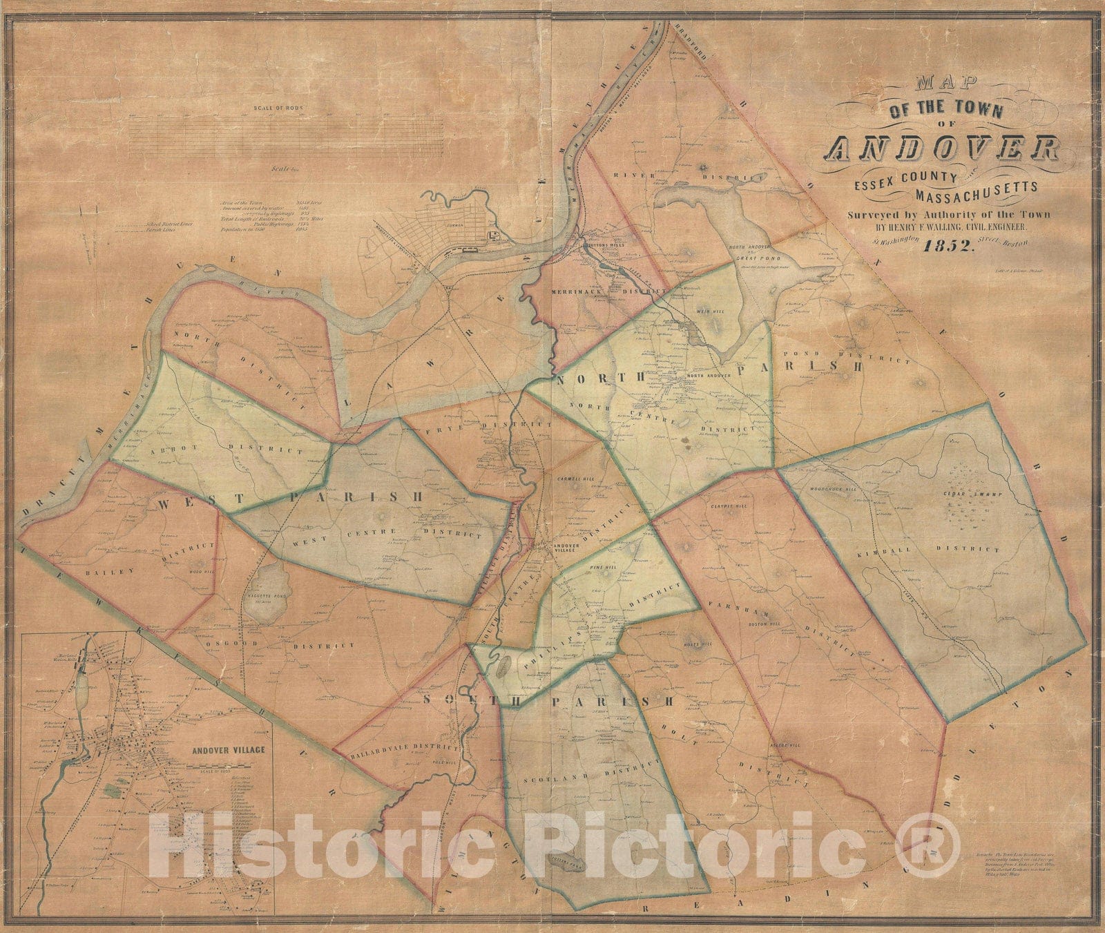 Historic Map : Andover, Massachusetts, Walling, 1852, Vintage Wall Art
