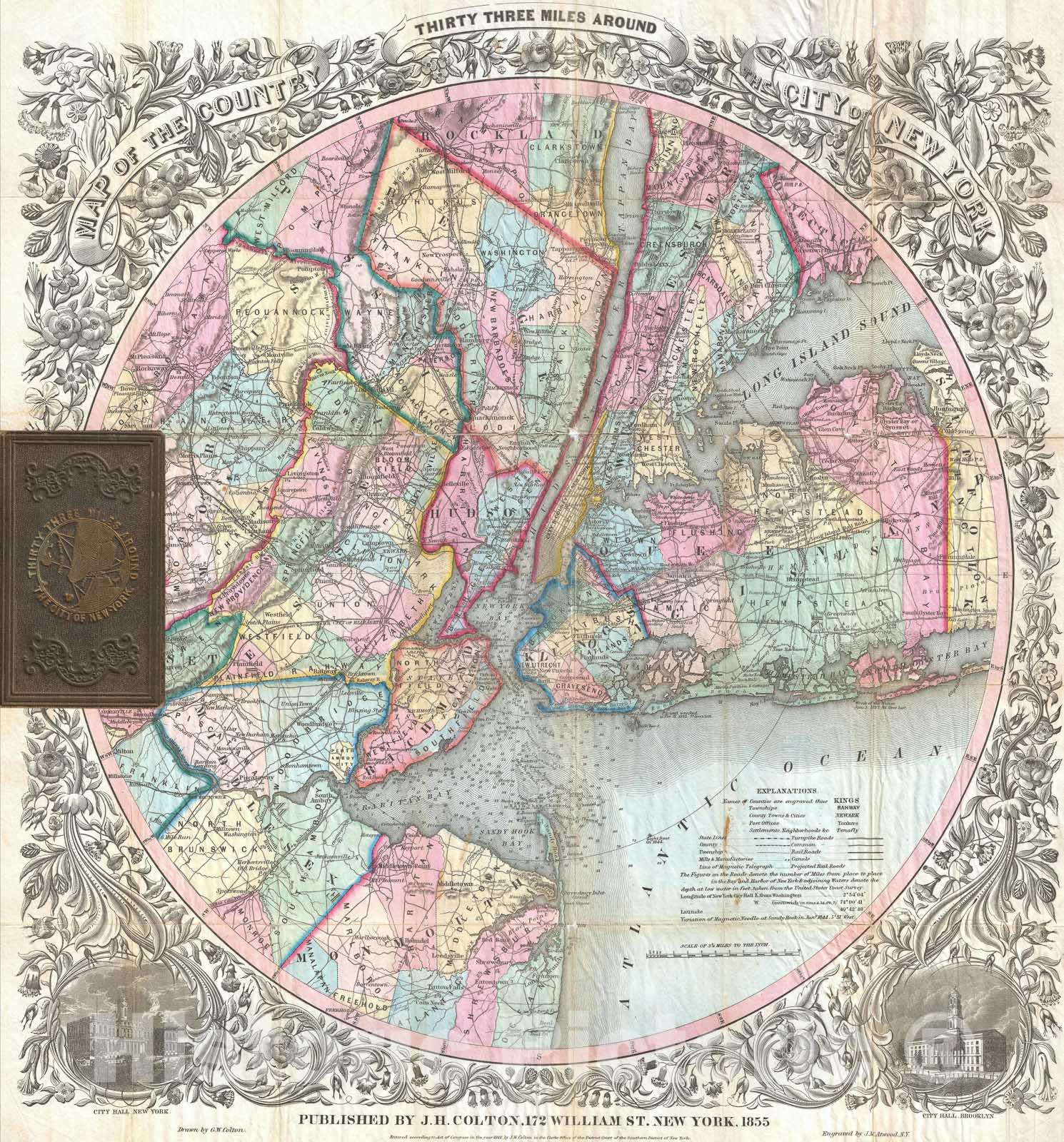 Historic Map : New York City and Vicinity "33 Miles Around", Colton, 1846, Vintage Wall Art