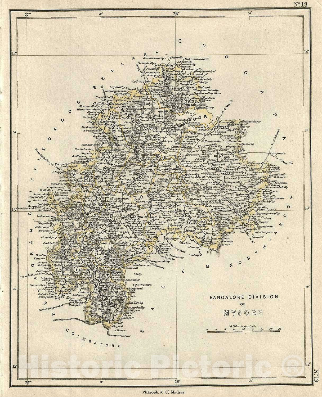 Historic Map : The Bangalore Division of Mysore, Karnataka, India, Pharoah, 1854, Vintage Wall Art