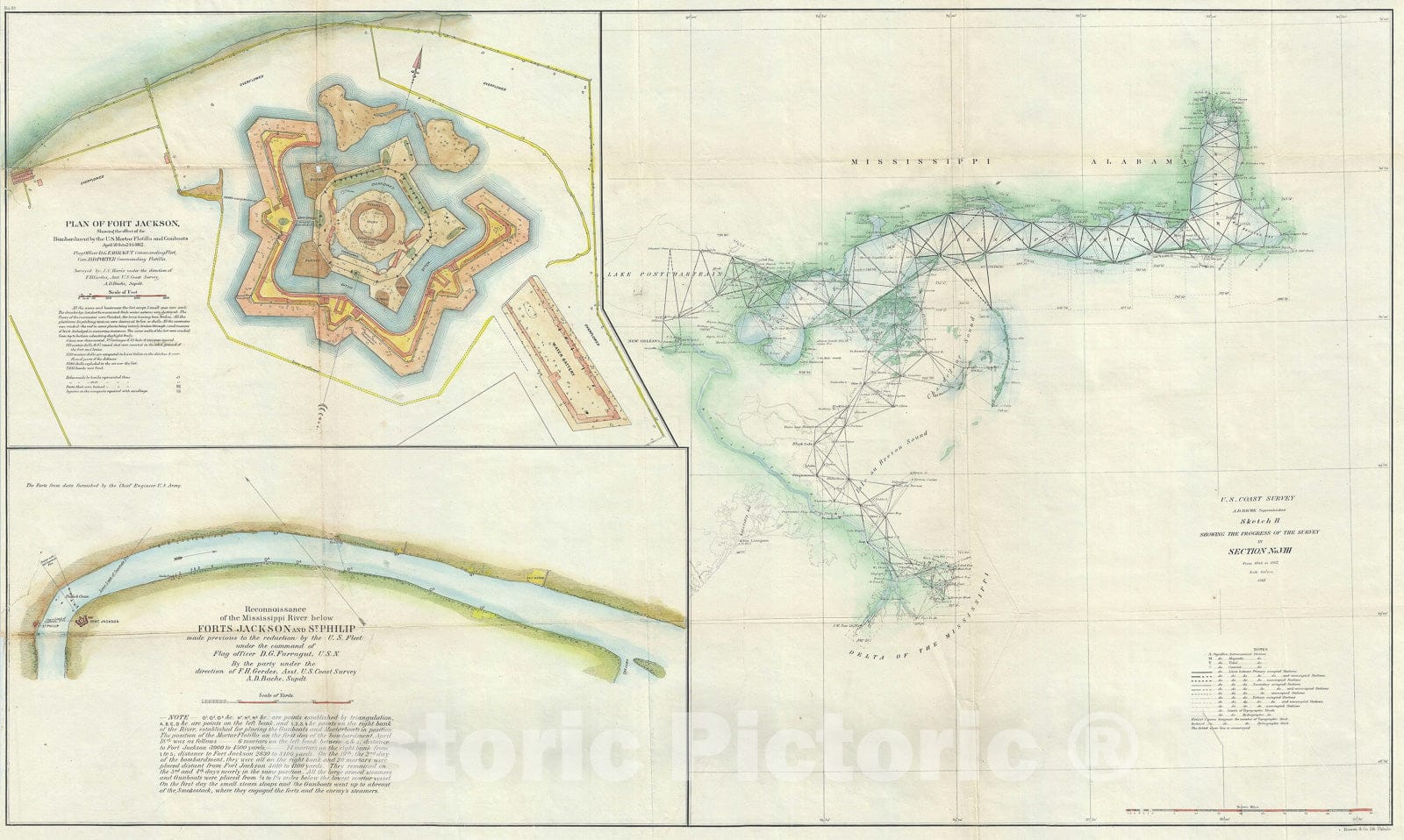 Historic Map : The Mississippi Delta and Fort Jackson, U.S. Coast Survey, 1862, Vintage Wall Art