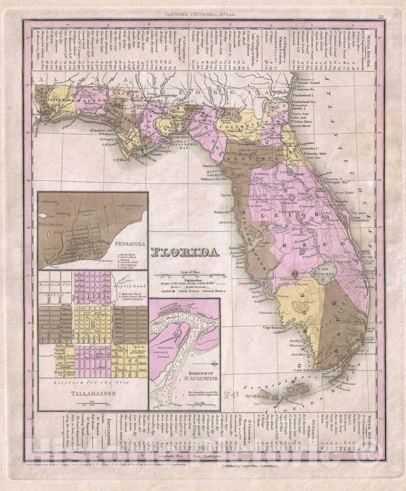 Historic Map : Florida, Tanner, 1845, Vintage Wall Art