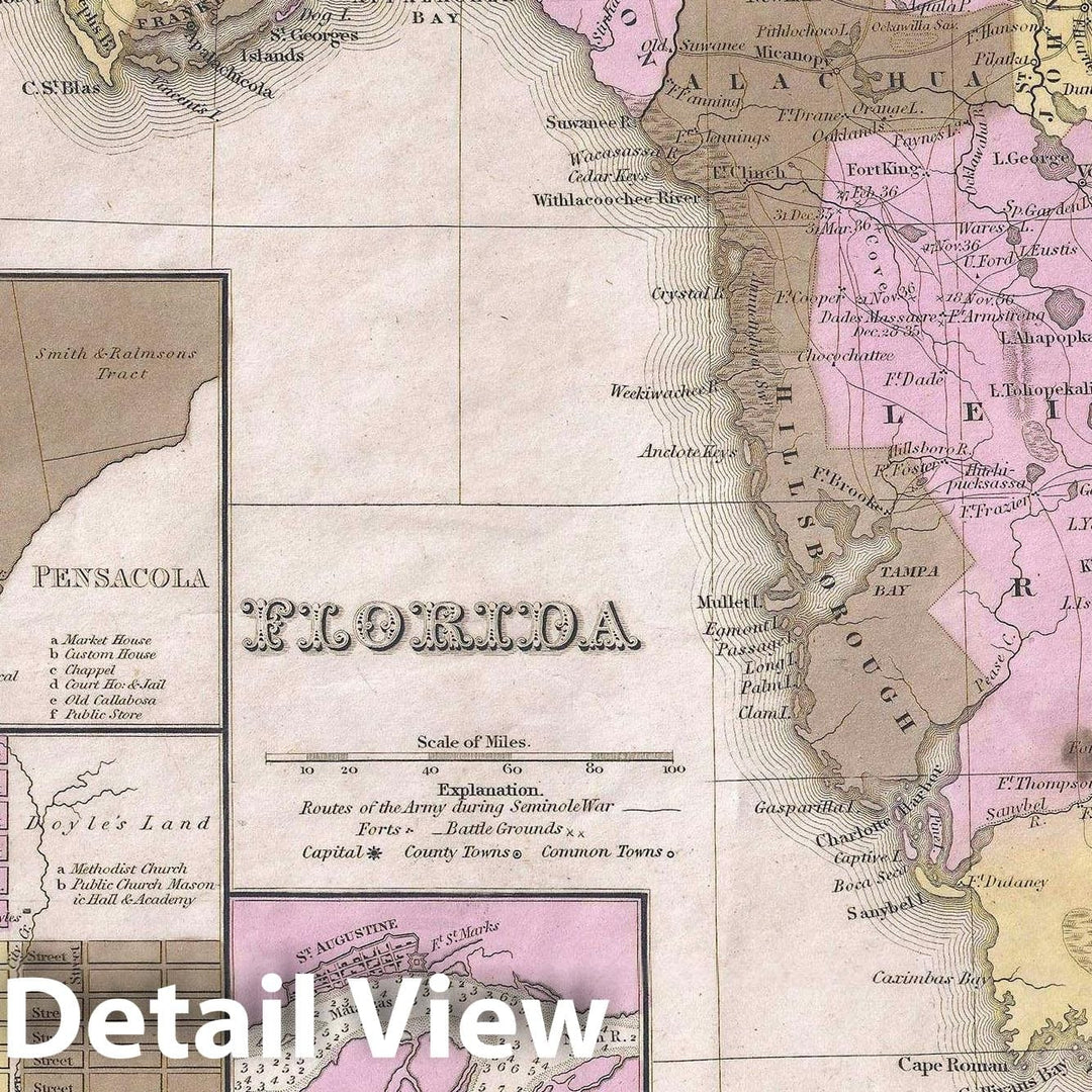 Historic Map : Florida, Tanner, 1845, Vintage Wall Art