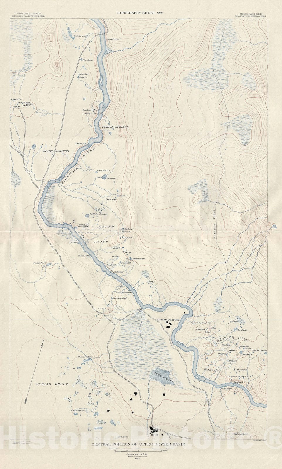 Historic Map : Upper Geyser Basin, Yellowstone National Park, USGS Topographic, 1904, Vintage Wall Art