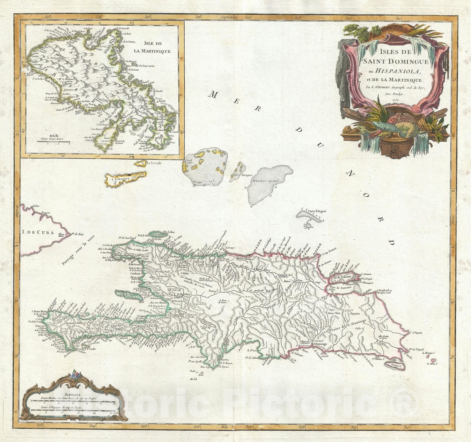 Historic Map : Hispaniola or Santo Domingo and Martinique, Vaugondy, 1750, Vintage Wall Art