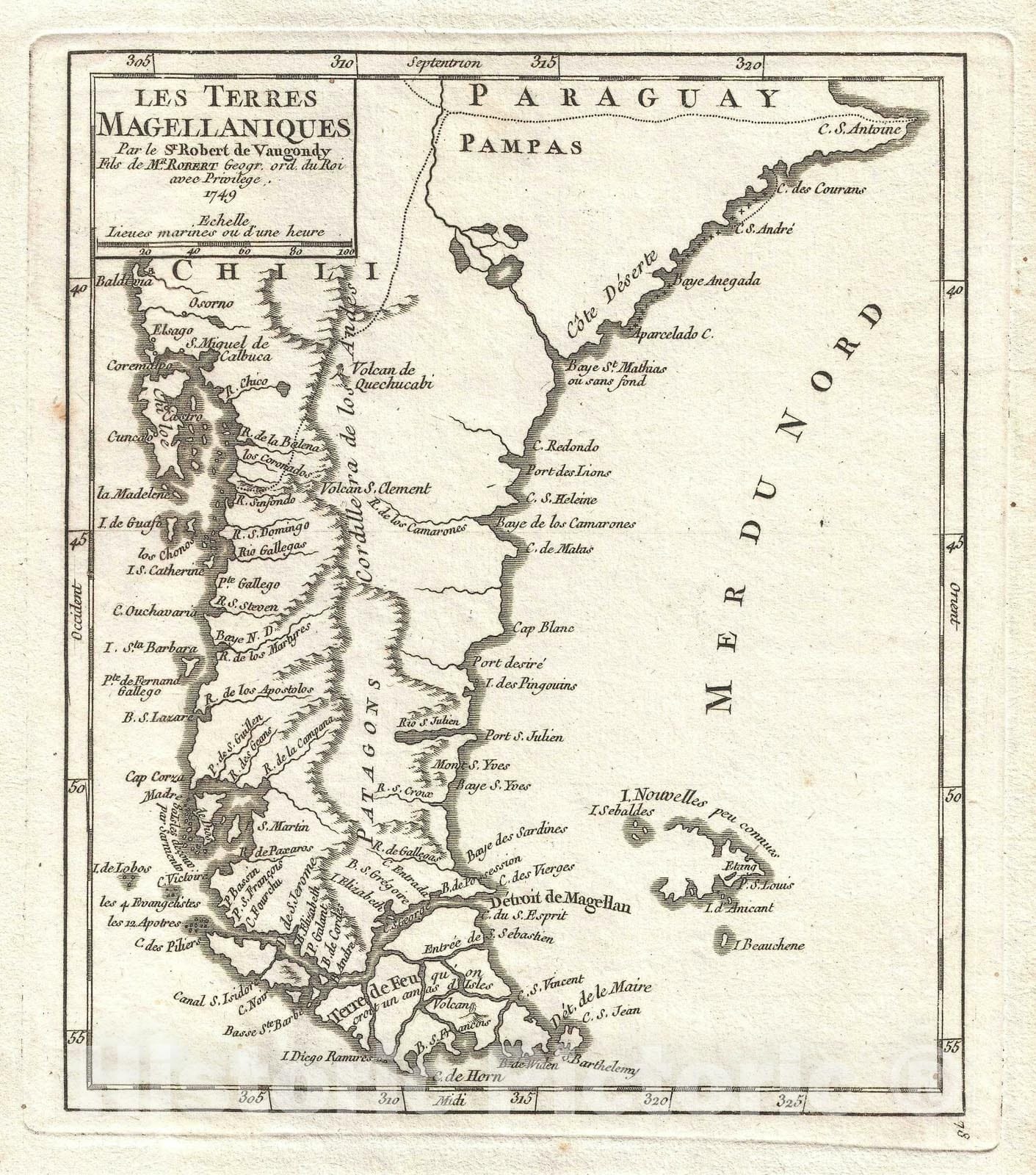 Historic Map : Argentina, Chile, and Tierra del Fuego, Vaugondy, 1749, Vintage Wall Art