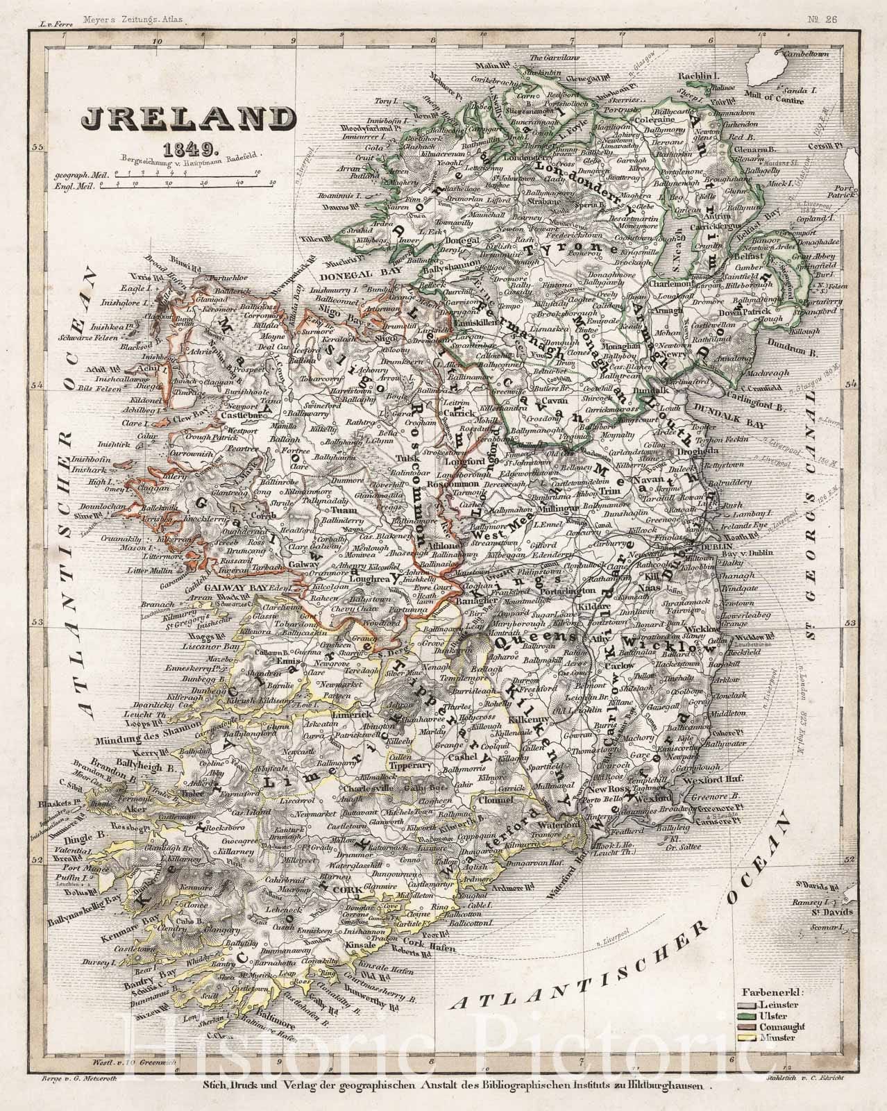 Historic Map : Ireland, Meyer, 1849, Vintage Wall Art