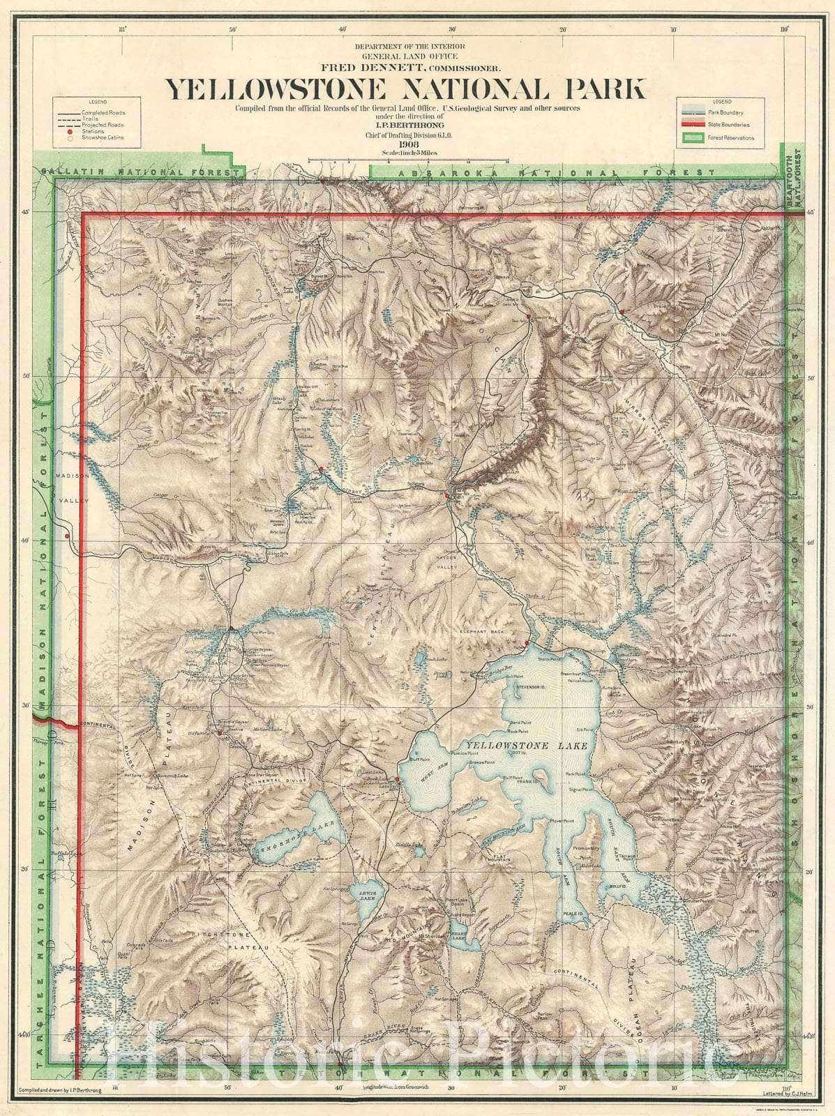 Historic Map : Yellowstone National Park, General Land Office, 1908, Vintage Wall Art