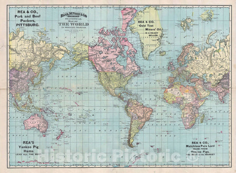 Historic Map : The World w/Pork Advertising, Rand McNally, 1892, Vintage Wall Art