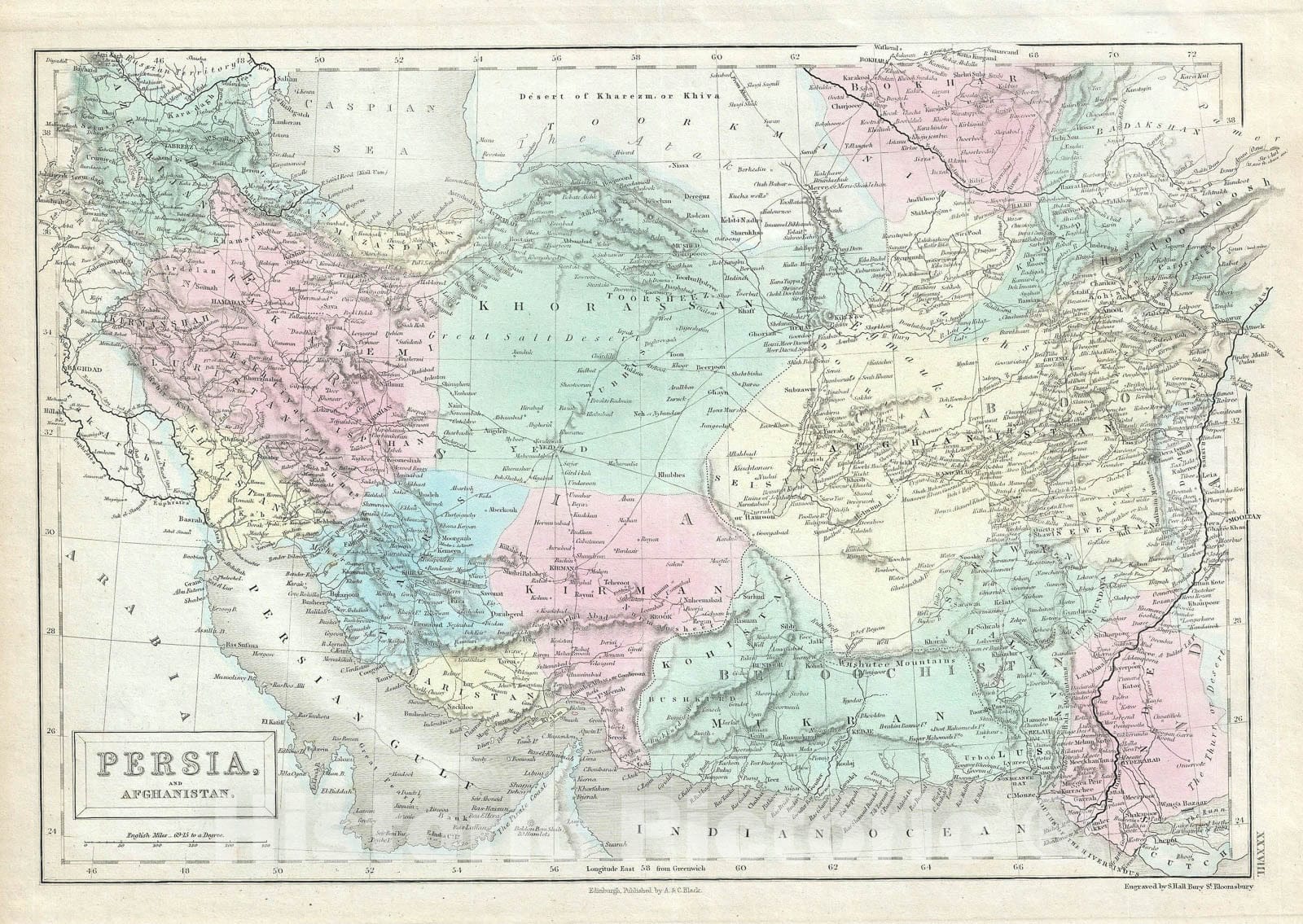 Historic Map : Persia and Afghanistan, Black, 1851, Vintage Wall Art