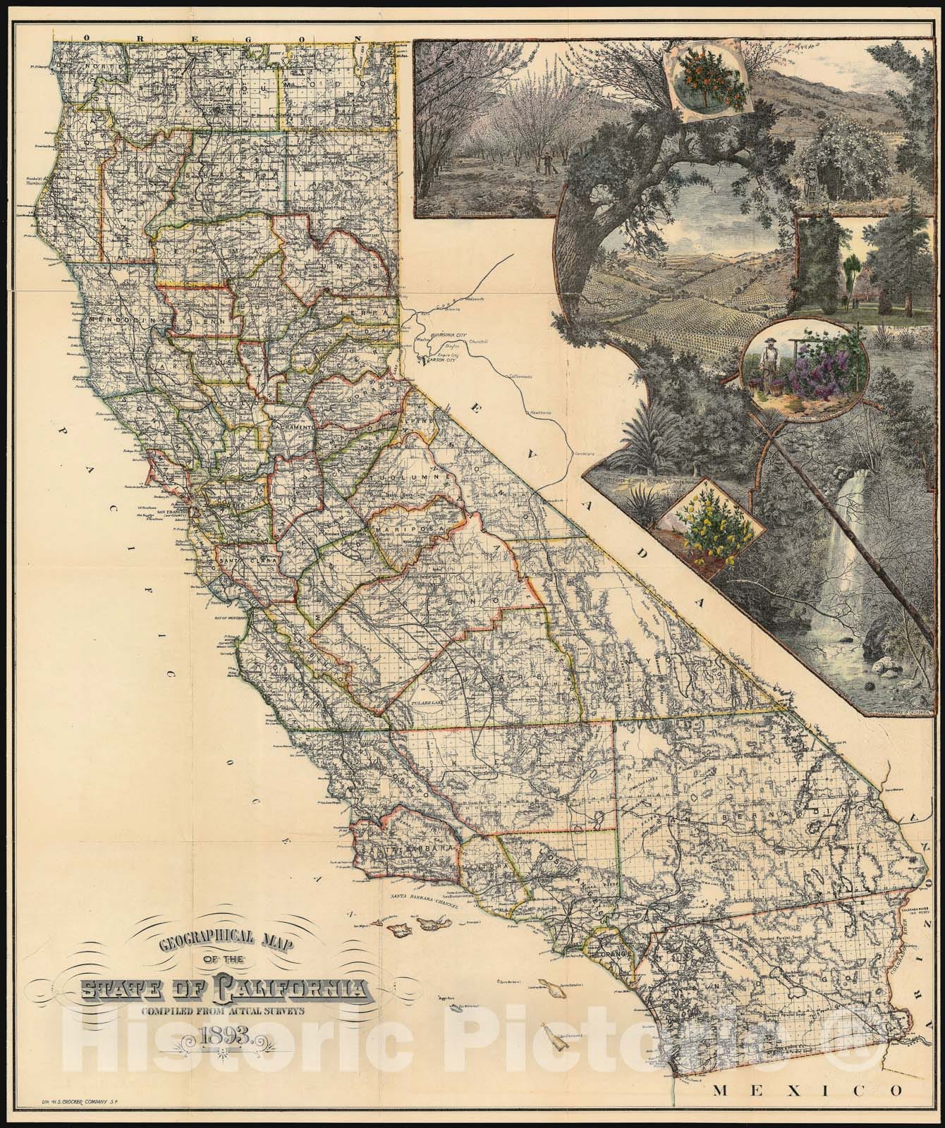 Historic Map : California w/ Wine Making Vignette, H. S. Crocker, 1893, Vintage Wall Art