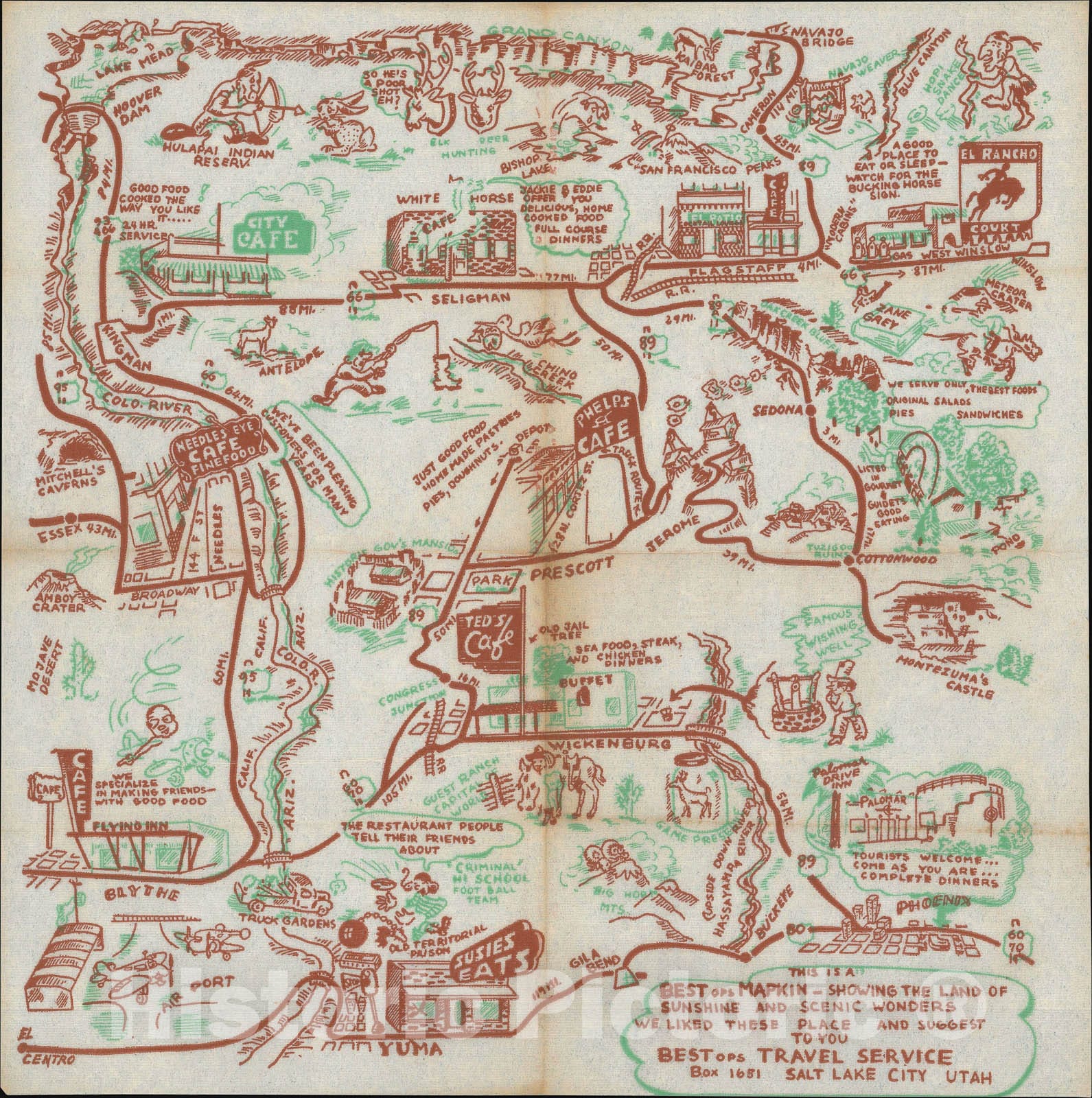 Historic Map : Pictorial Tourist Map of Northwest Arizona Printed on a Napkin, 1948, Vintage Wall Art