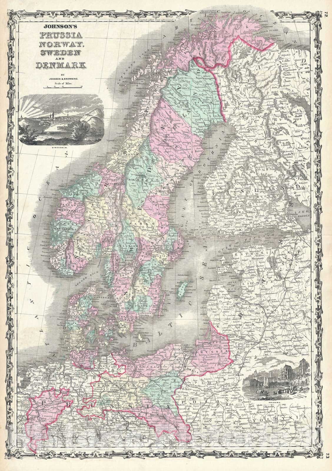 Historic Map : Scandinavia "Norway, Sweden, Denmark, Prussia", Johnsons, 1861, Vintage Wall Art