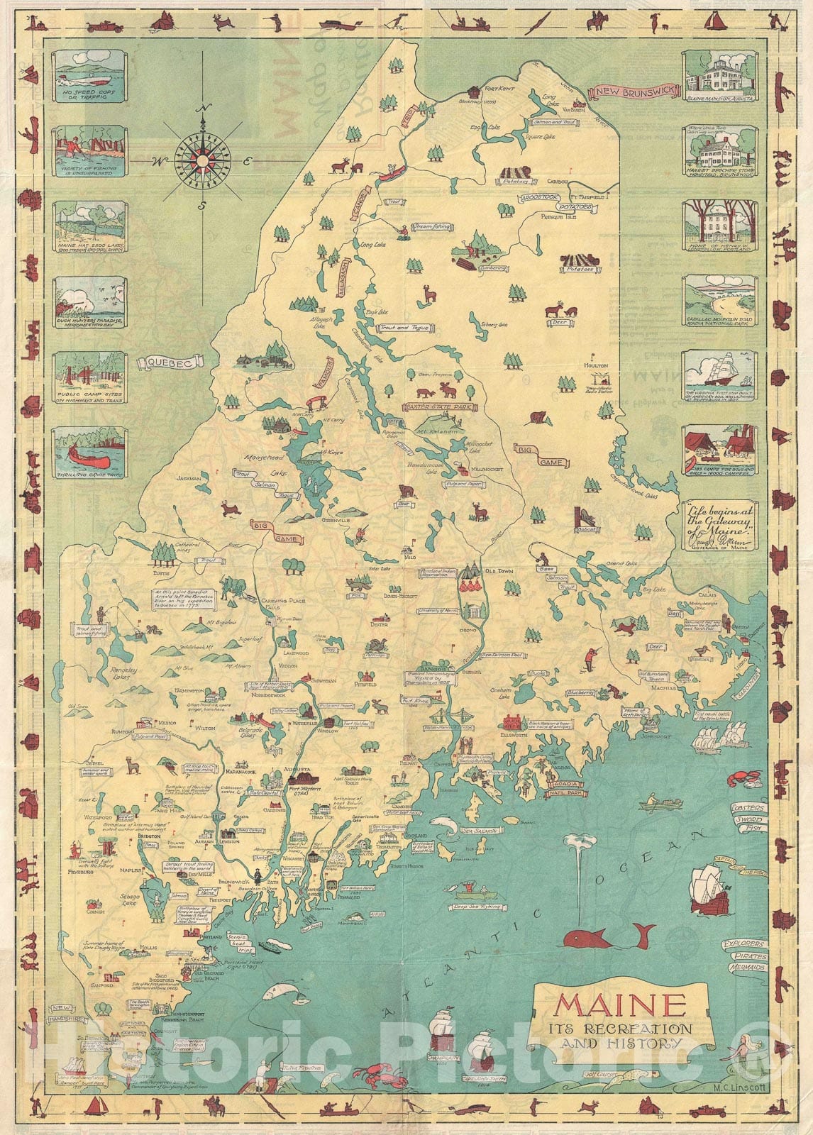 Historic Map : Linscott Pictorial Map of Maine, 1935, Vintage Wall Art